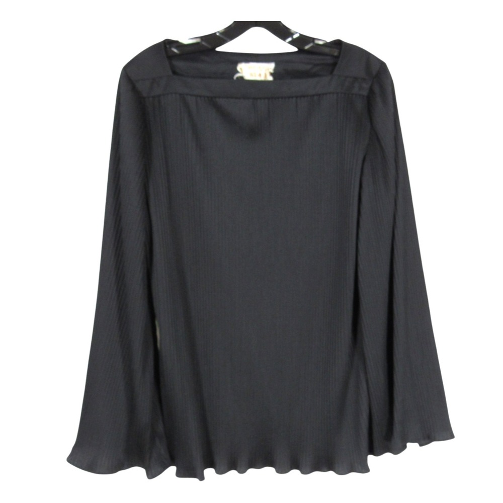 VTG CENTER STAGE Black Satin CRYSTAL PLEATS PLEATED Scallop Hem BLOUSE/TOP Sz M